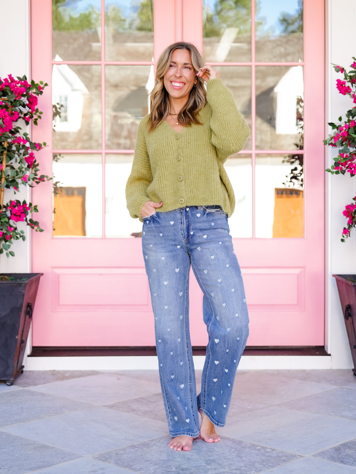 Mica High Rise Light Wash Straight Leg Jeans With Embroidered Hearts - Freckled Poppy