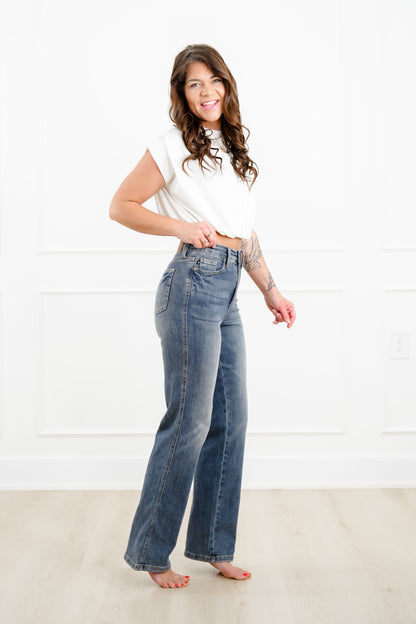 Judy Blue Keeping it Straight High Rise Medium Wash Tummy Control Straight Leg Jeans - Freckled Poppy
