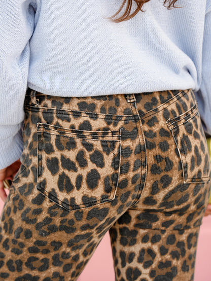 Saige Mid Rise Leopard Tummy Control Kick Flare Jeans