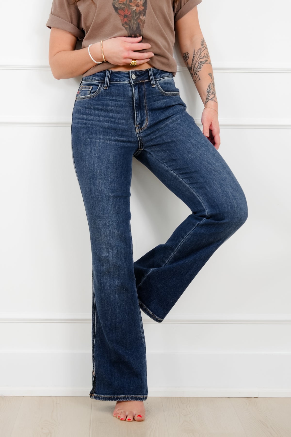 Judy Blue Mid Rise Dark Wash Bootcut Jeans with Slit and Cell Phone Pocket - Freckled Poppy