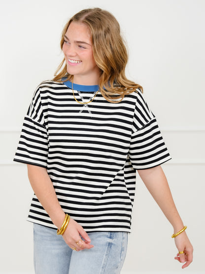 Plus/Reg Black Stripe Short Sleeve Knit Top - Freckled Poppy