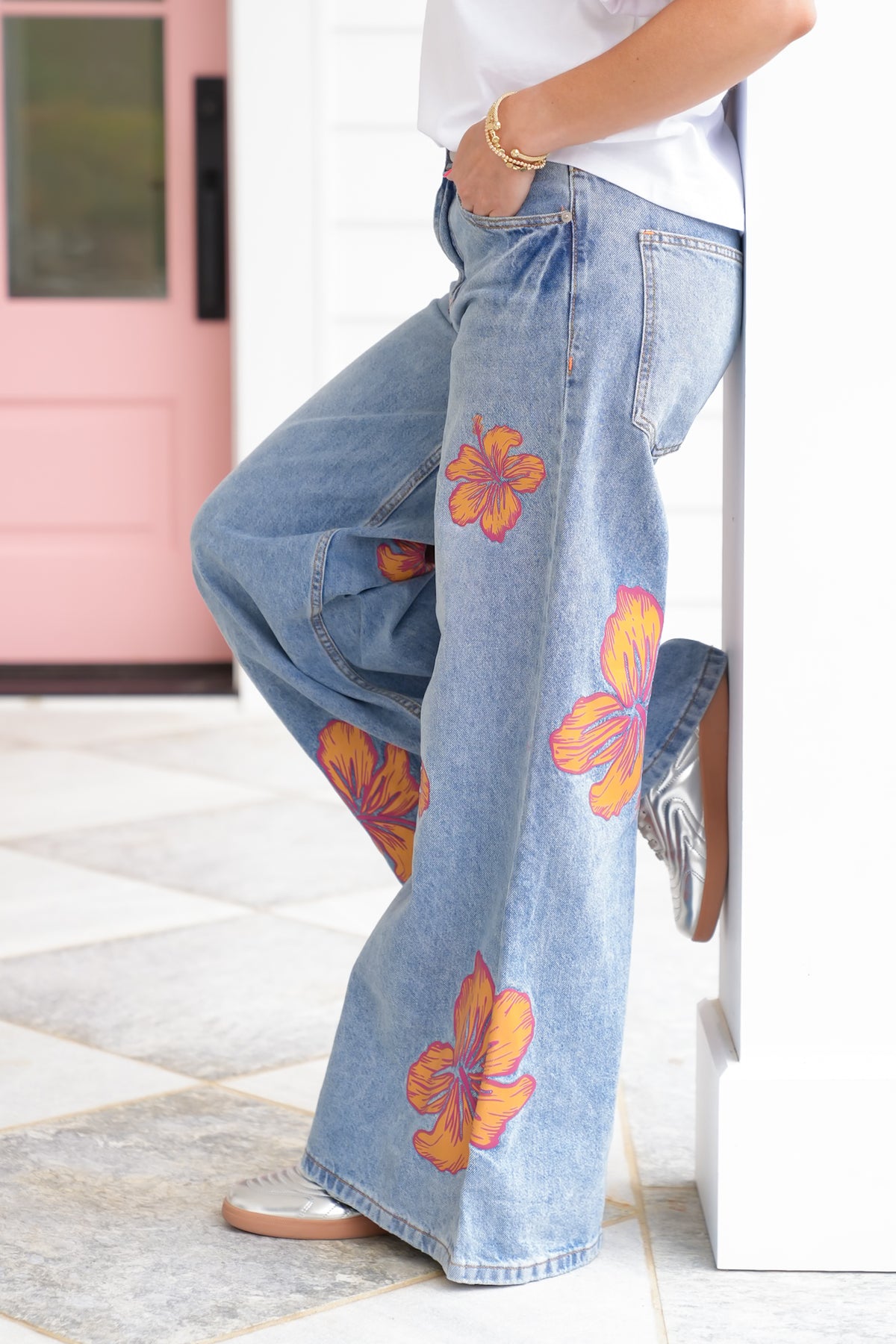 Multi-Inseam Hibiscus Print High Waist Wide Leg Denim Jeans - Freckled Poppy