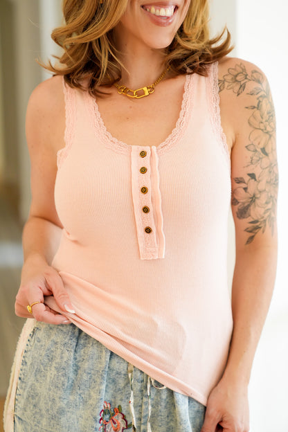 POL Ribbed Sleeveless Tank Top with Lace Trim - Freckled Poppy