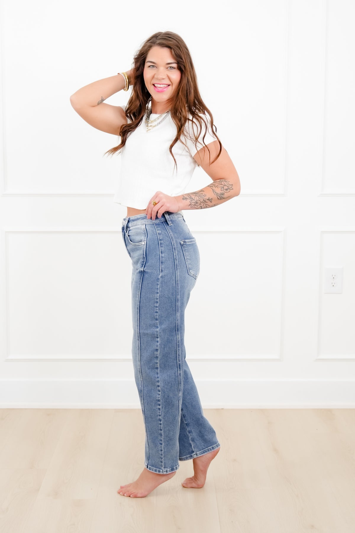 Restock! Risen The Hollis Rise Medium Wash Boyfriend Cuffed Barrel Jeans - Freckled Poppy