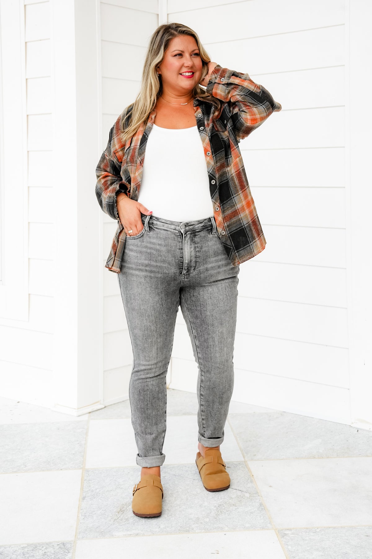 Judy Blue Smoke Show Mid Rise Grey Tummy Control Skinny Jeans with Shield Pockets - Freckled Poppy