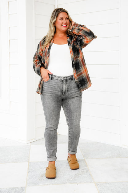 Judy Blue Smoke Show Mid Rise Grey Tummy Control Skinny Jeans with Shield Pockets - Freckled Poppy