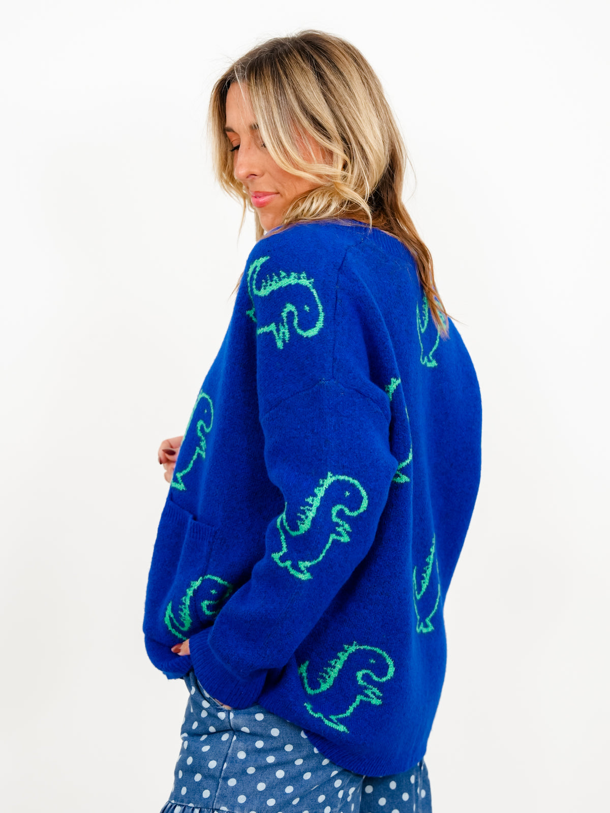 Plus/Reg Dinosaur Pattern Button Down Cardigan With Pockets - Freckled Poppy
