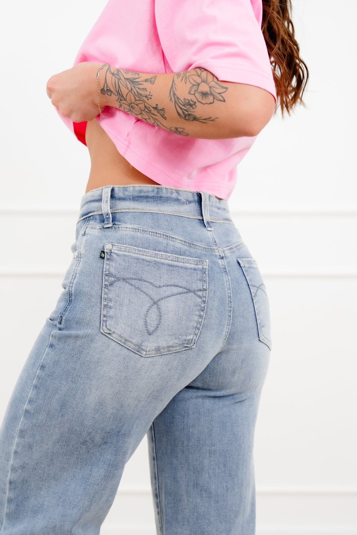 Judy Blue Mid Rise Light Wash Retro Wide Leg Jeans with Fold Over Waistband - Freckled Poppy