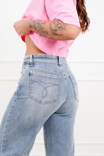 Judy Blue Mid Rise Light Wash Retro Wide Leg Jeans with Fold Over Waistband - Freckled Poppy