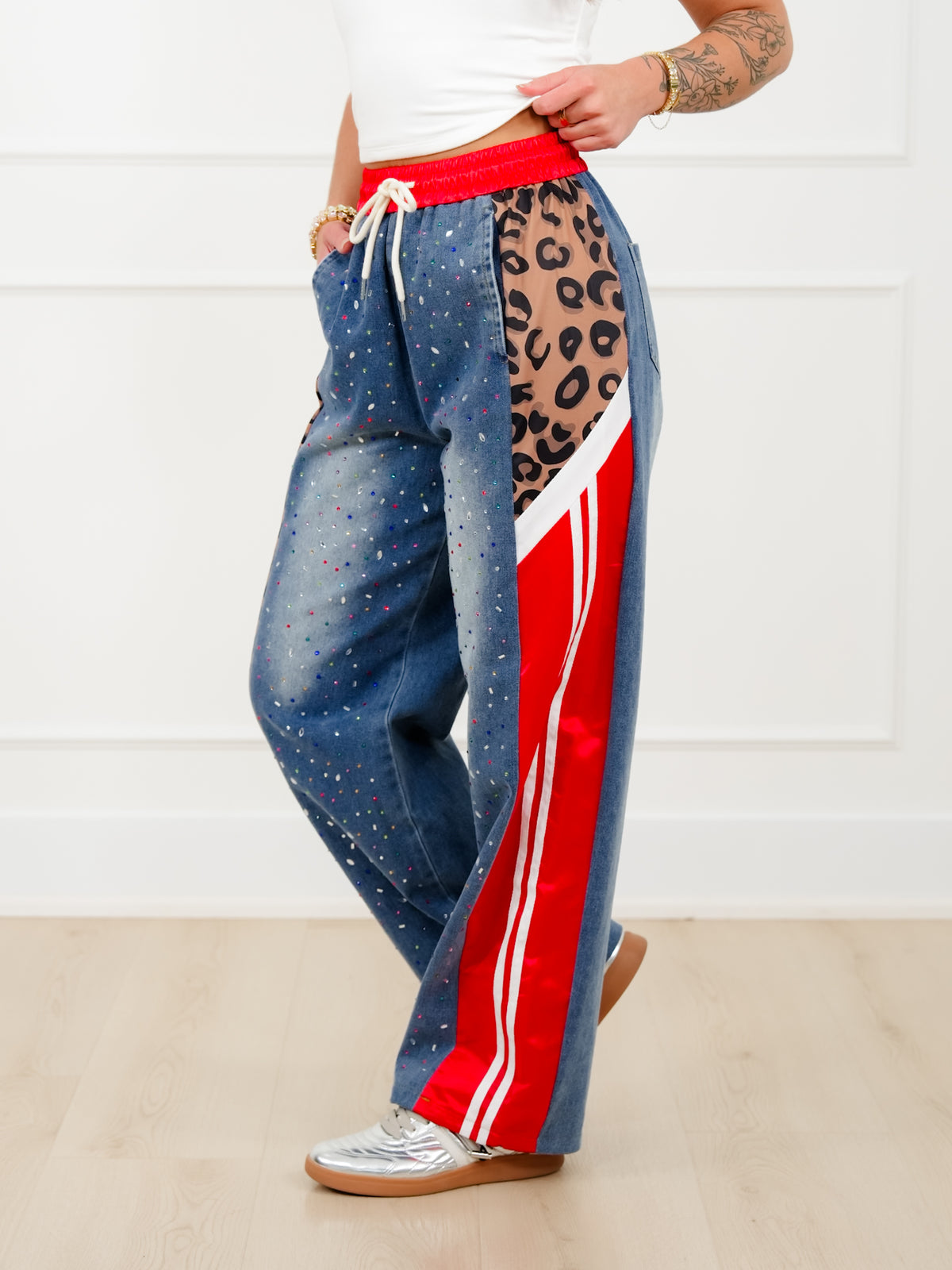 Plus/Reg Rhinestone Elastic Waist Denim Track Pants - Freckled Poppy
