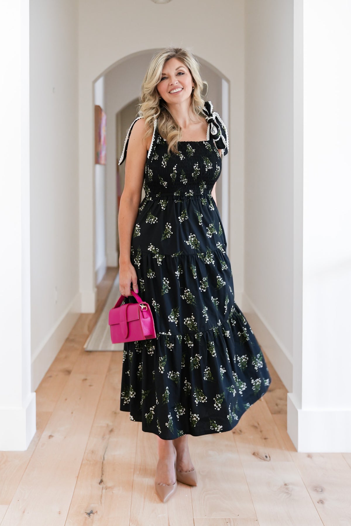 Floral Sleeveless Tie At The Shoulder Tiered Midi Dress - Freckled Poppy