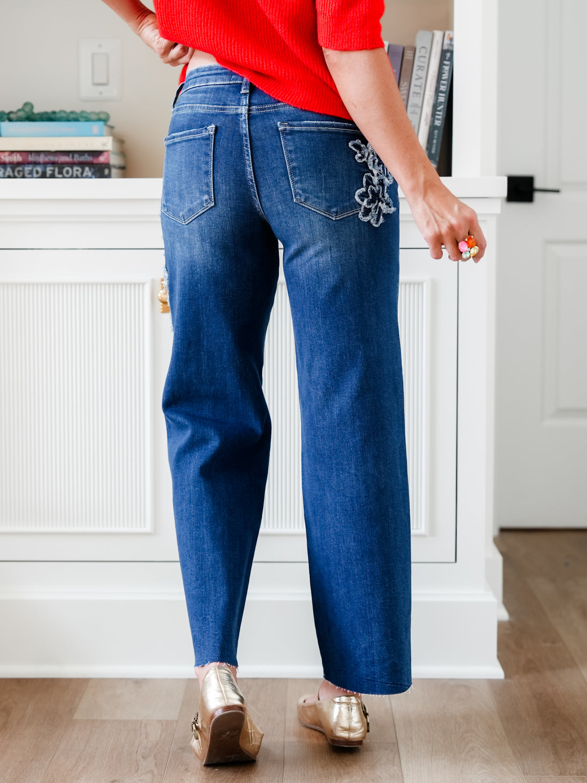 Risen Mid Rise Dark Wash Straight Leg Jeans with Flower Patch - Freckled Poppy