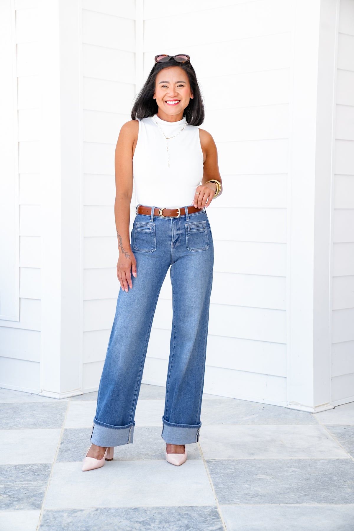 Risen High Rise Medium Wash Wide Leg Cuffed Front Patch Pocket Jeans with Elastic Waistband - Freckled Poppy