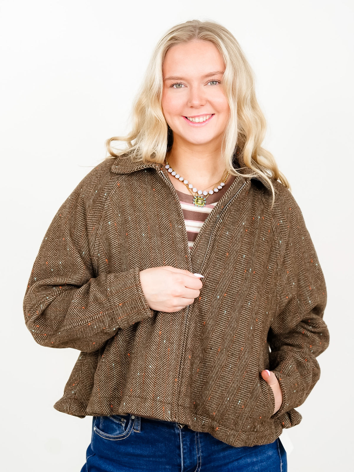Plus/Reg Herringbone Tweed Zip Up Bomber Jacket - Freckled Poppy