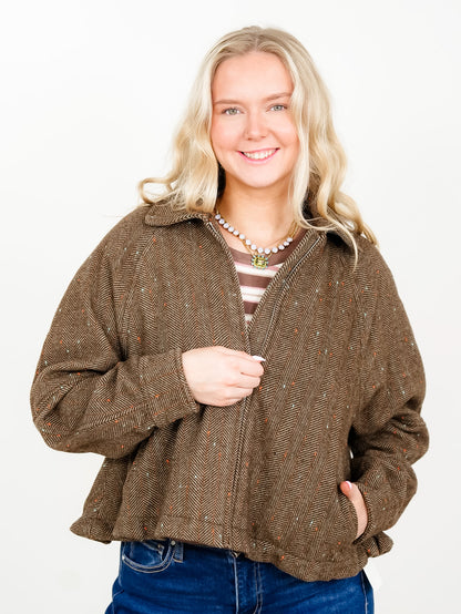 Plus/Reg Herringbone Tweed Zip Up Bomber Jacket - Freckled Poppy