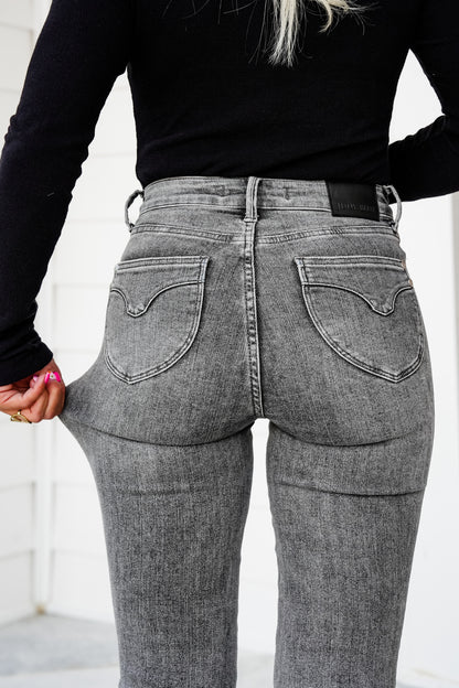Judy Blue Smoke Show Mid Rise Grey Tummy Control Skinny Jeans with Shield Pockets - Freckled Poppy