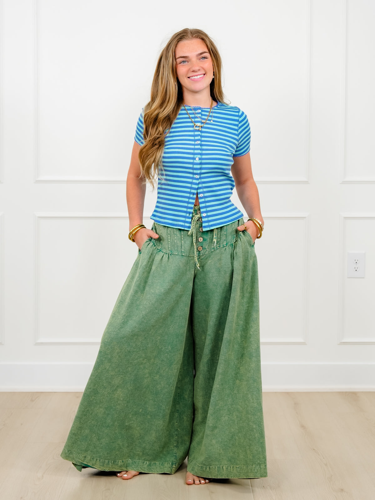 Stripes Short Sleeve Button Down Top - Freckled Poppy