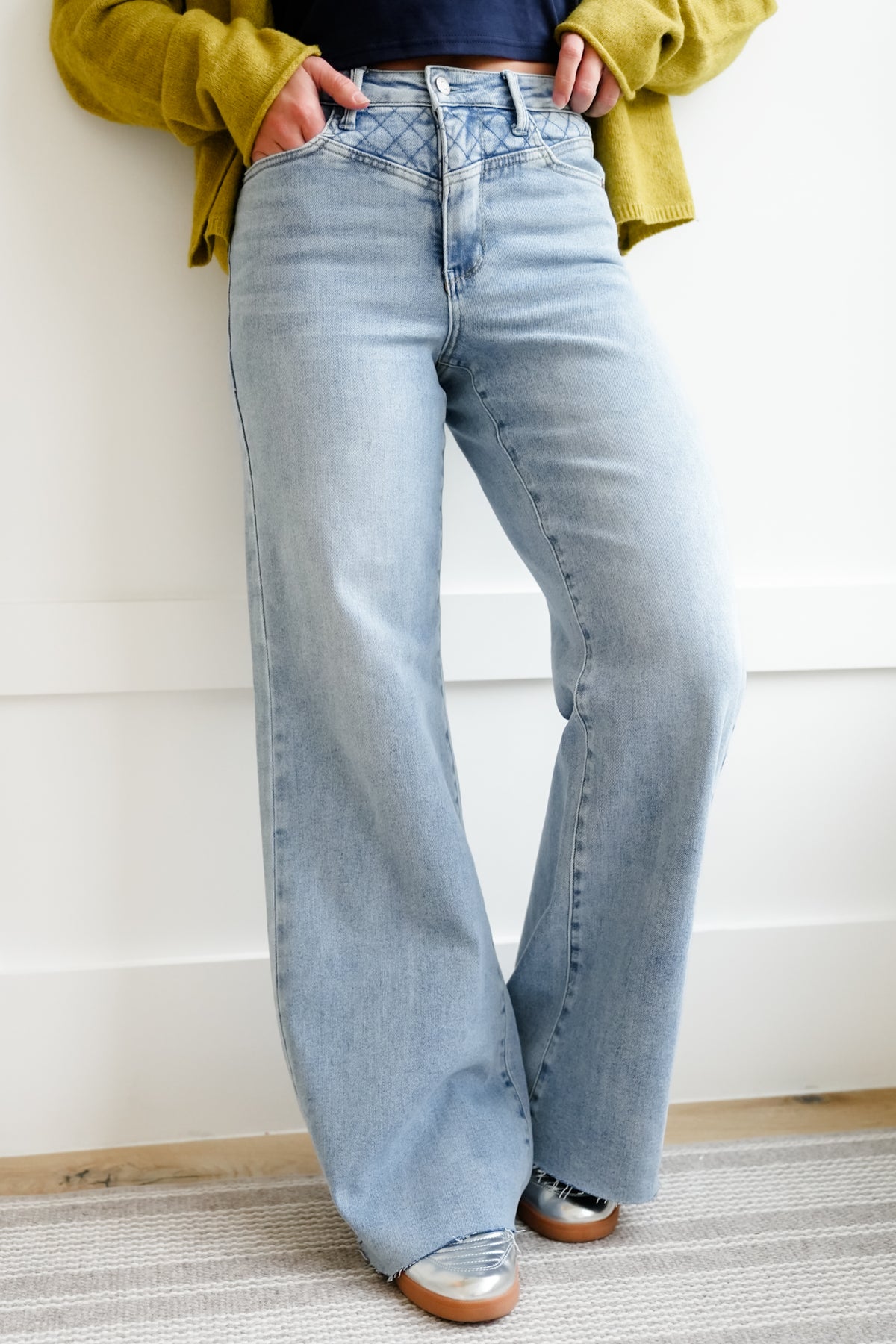 Judy Blue High Rise Quilted Yoke Medium Wash Retro Wide Leg Jeans - Freckled Poppy