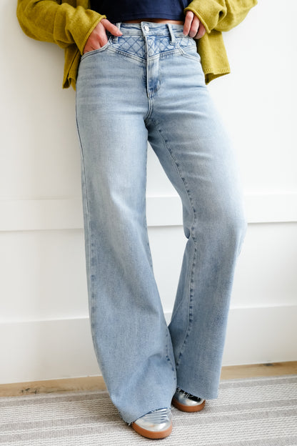 Judy Blue High Rise Quilted Yoke Medium Wash Retro Wide Leg Jeans - Freckled Poppy