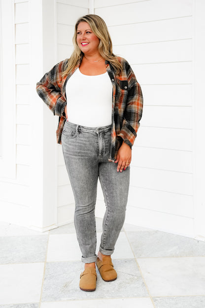 Judy Blue Smoke Show Mid Rise Grey Tummy Control Skinny Jeans with Shield Pockets - Freckled Poppy