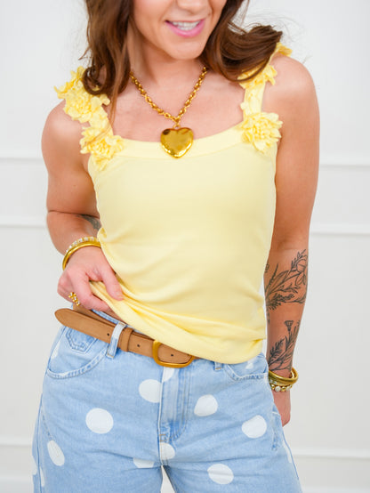 Yellow Ribbed Knit Sleeveless Flower Strap Tank Top - Freckled Poppy