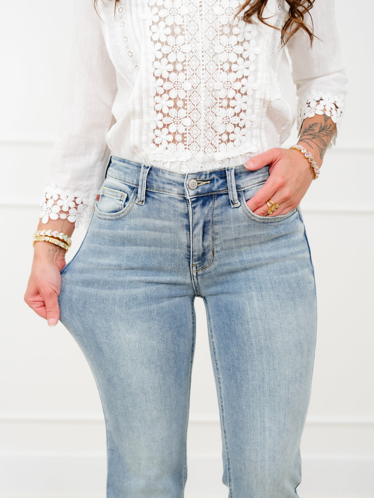 Judy Blue Mid Rise Medium Wash Multiple Inseam Flare Jeans with Slit - Freckled Poppy