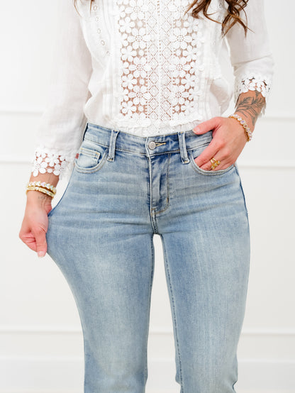 Judy Blue Mid Rise Medium Wash Multiple Inseam Flare Jeans with Slit - Freckled Poppy