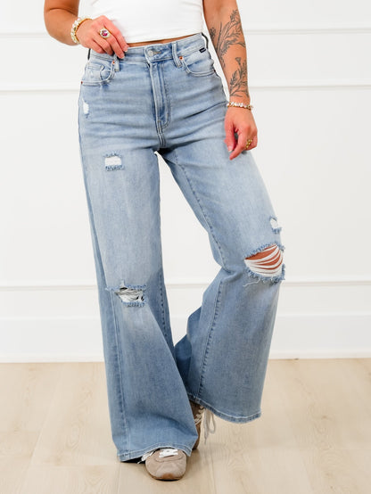 Cello High Rise Light Wash Distressed Wide Leg Jeans - Freckled Poppy
