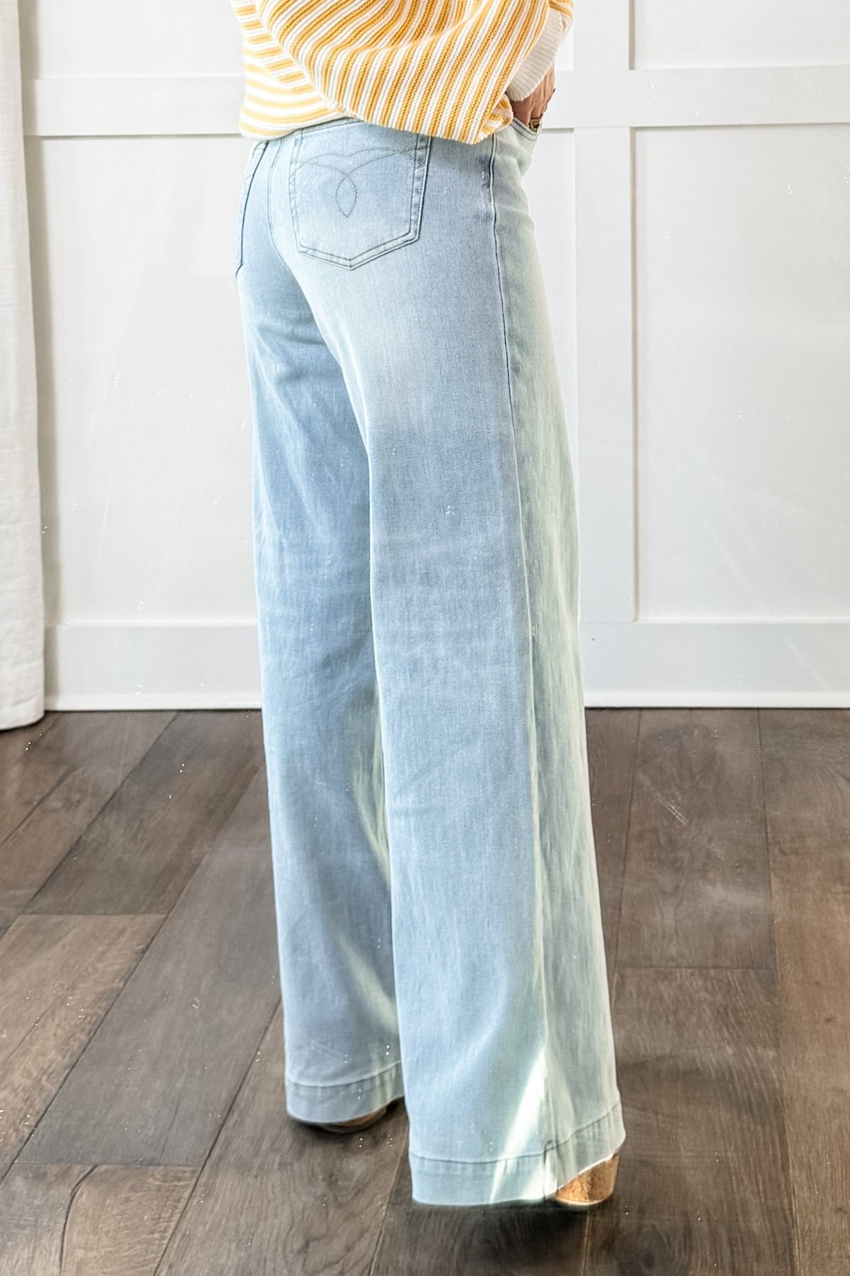Judy Blue High Rise Light Wash Distressed Criss Cross Waistband Retro Wide Leg Jeans - Freckled Poppy