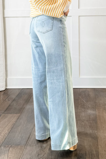 Judy Blue High Rise Light Wash Distressed Criss Cross Waistband Retro Wide Leg Jeans - Freckled Poppy