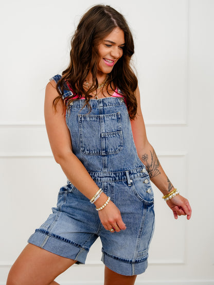Saige Medium Wash Bermuda Overalls - Freckled Poppy