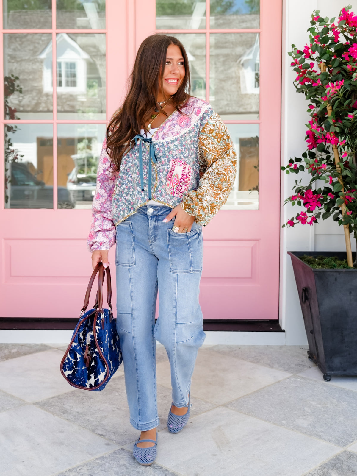 Patchwork Print Long Sleeve Tie Front Top - Freckled Poppy