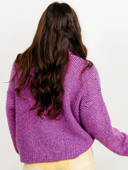 Striped Long Sleeve Mock Neck Sweater Cardigan With Colorful Buttons - Freckled Poppy