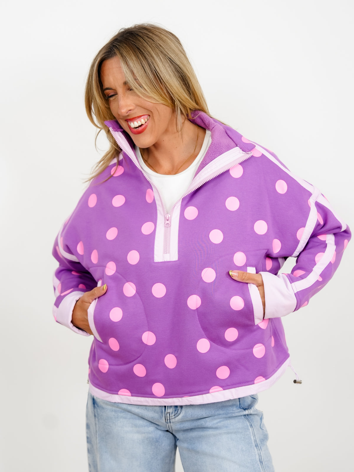 Polka Dot Long Sleeve Half Zip Jacket with Contrast Trim - Freckled Poppy
