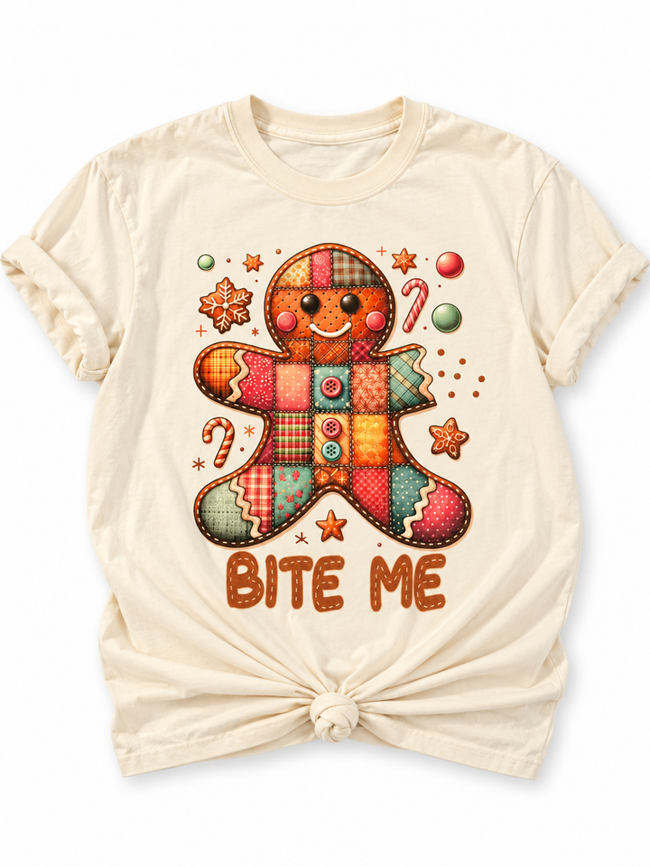 Plus/Reg Short Sleeve "Bite Me" Gingerbread Man Christmas Graphic Tee - Freckled Poppy