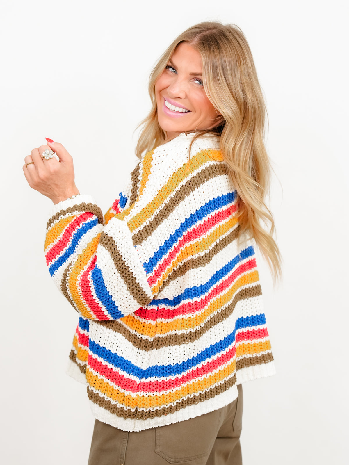 POL Multi Color Stripe Long Sleeve Pullover Sweater - Freckled Poppy