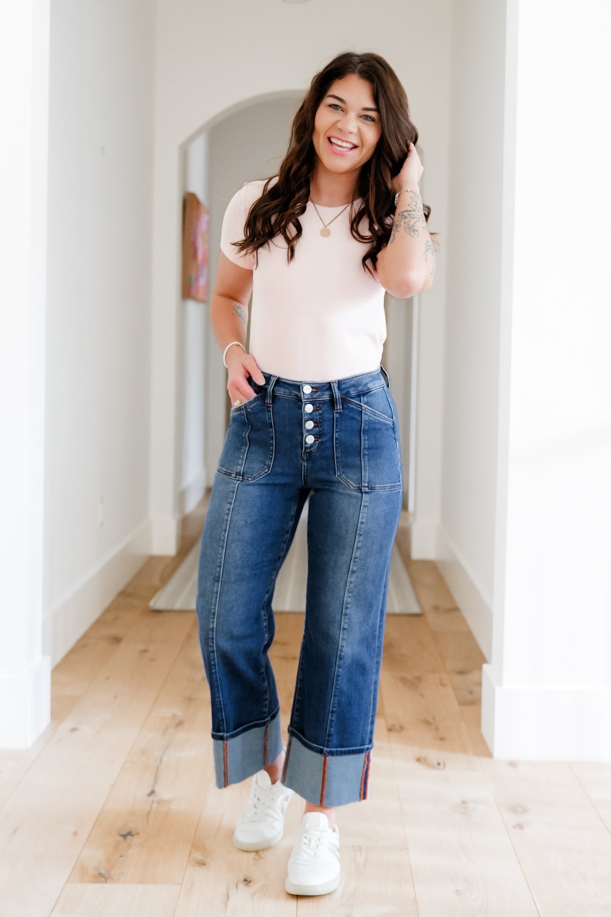 Risen Multi Inseam High Rise Dark Wash Cropped Wide Cuffed Straight Leg Jeans - Freckled Poppy