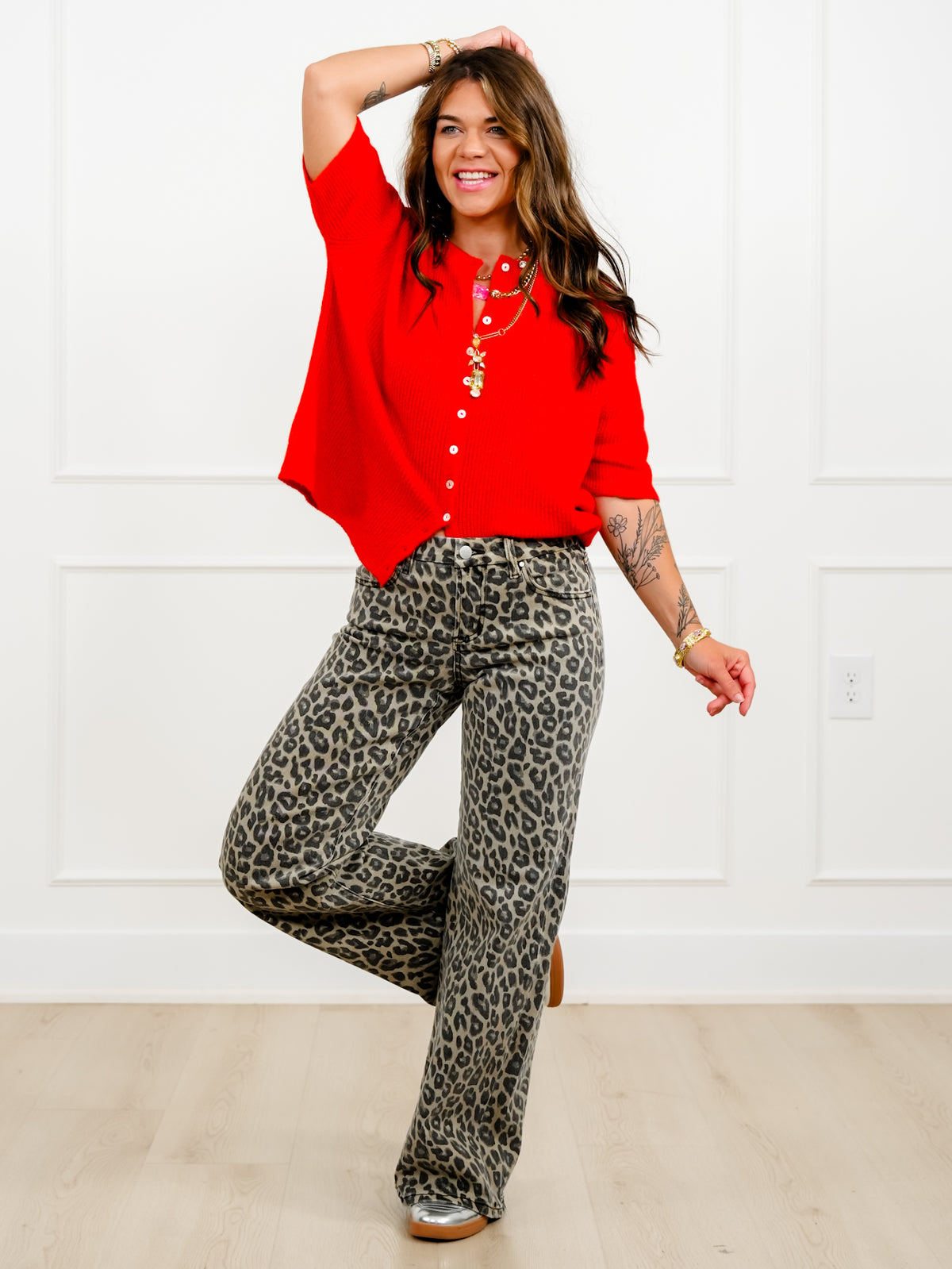 Restock! Risen Mid Rise Leopard Wide Leg Jeans - Freckled Poppy