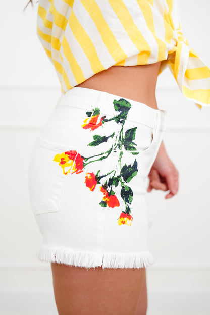 Risen White Tummy Control Flower Print Shorts - Freckled Poppy