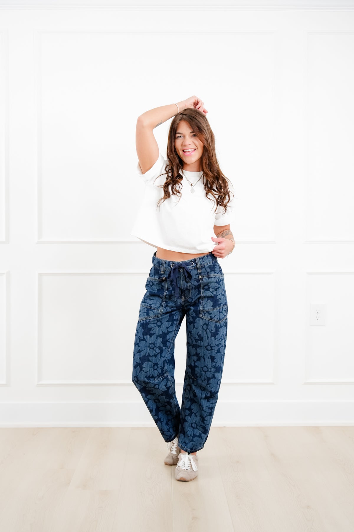 Risen Mid Rise Dark Wash Floral Relaxed Barrel Jeans - Freckled Poppy