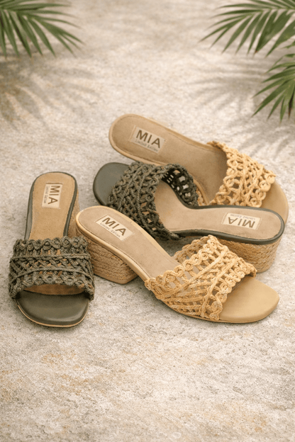 MIA Woven Raffia Strap Slide Heeled Sandals - Freckled Poppy