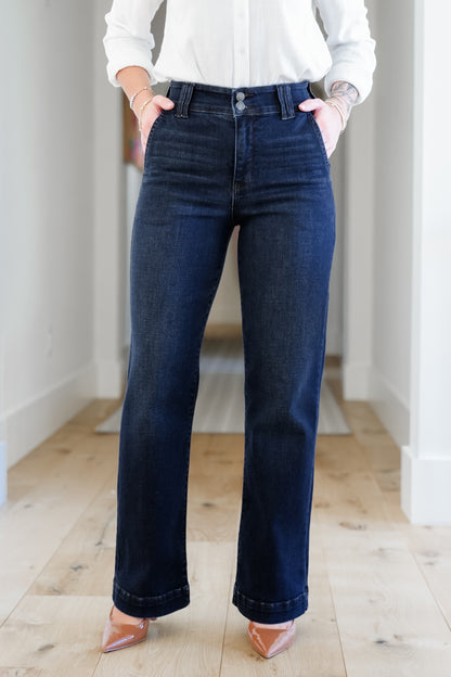 Restock! Judy Blue Multi Inseam "The Everly" Trouser Dark Wash Trouser Wide Leg Jeans