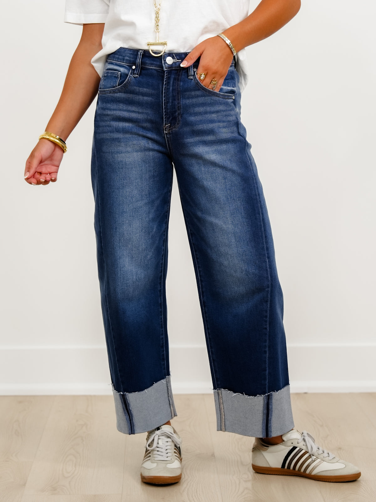 Risen High Rise Dark Wash Slouchy Cropped Cuffed Barrel Jeans - Freckled Poppy