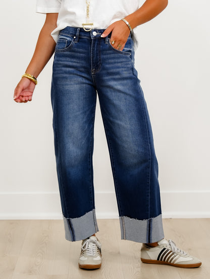 Risen High Rise Dark Wash Slouchy Cropped Cuffed Barrel Jeans - Freckled Poppy
