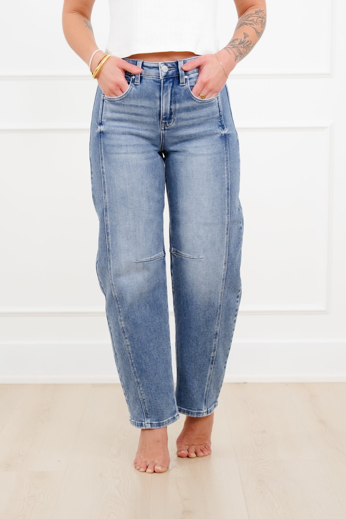 Restock! Risen The Hollis Rise Medium Wash Boyfriend Cuffed Barrel Jeans - Freckled Poppy