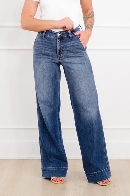 Judy Blue The Rory Petite/Reg Mid Rise Dark Wash Retro Wide Leg Trouser Jeans - Freckled Poppy