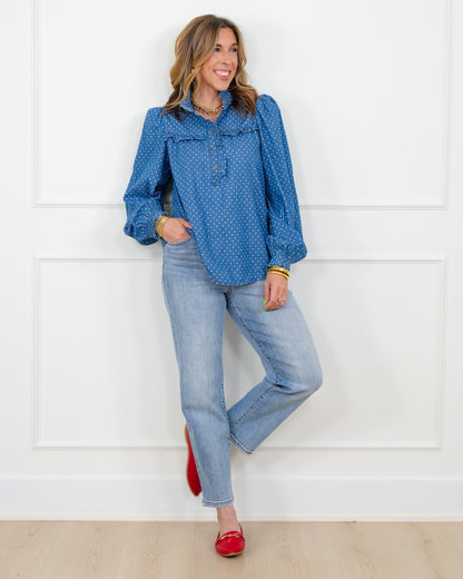 Polka Dot Dark Wash Long Sleeve Top - Freckled Poppy