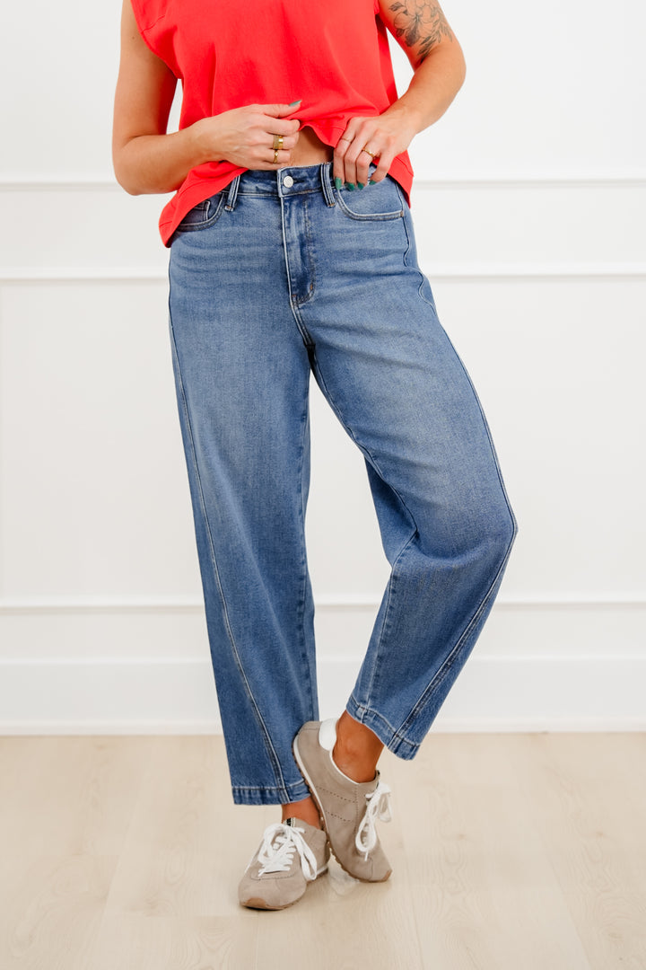 Judy Blue High Rise Medium Wash Rigid Magic Panel Barrel Jeans - Freckled Poppy