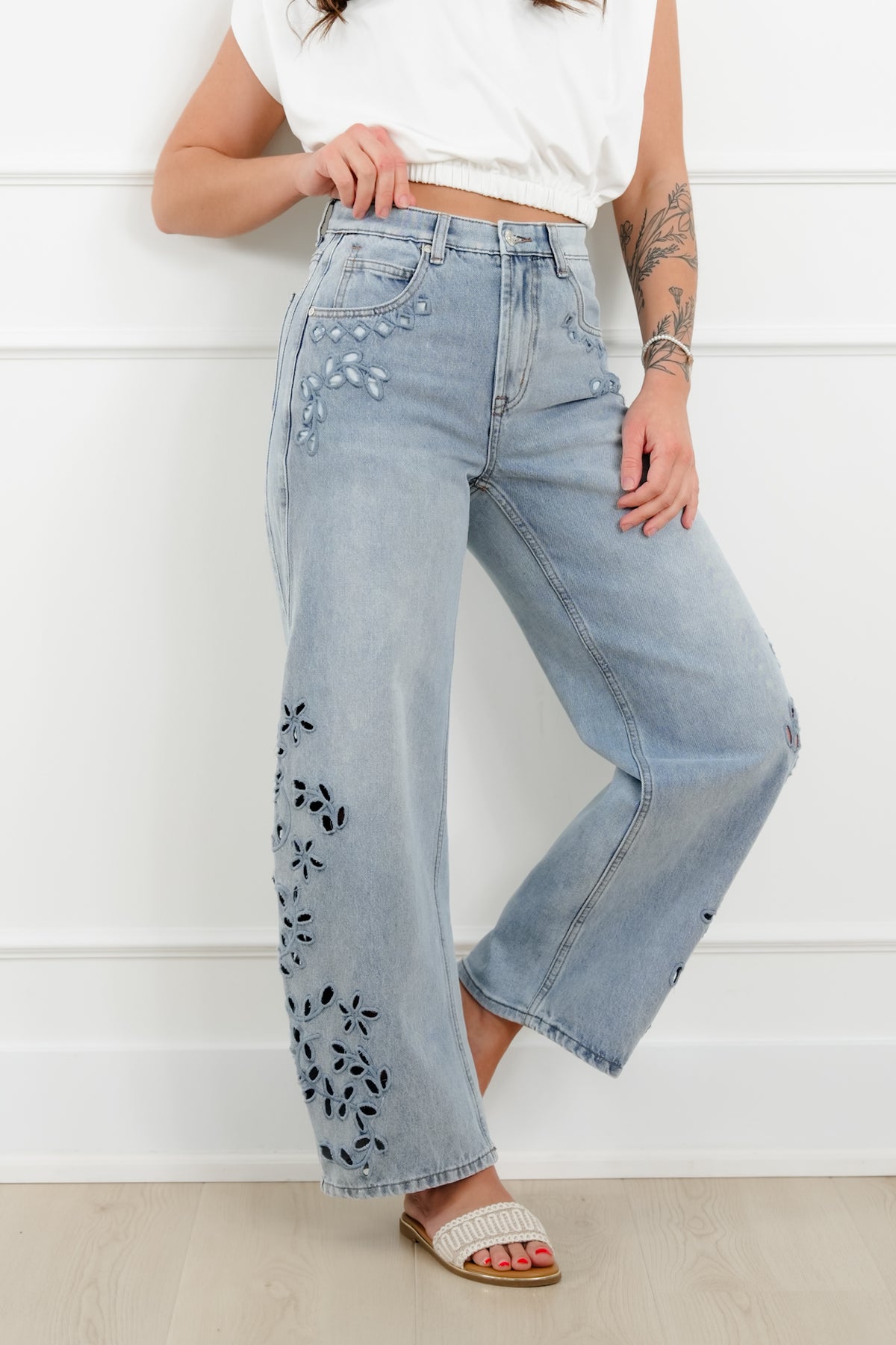 Saige High Rise Light Wash Tummy Control Barrel Jeans with Embroidery - Freckled Poppy