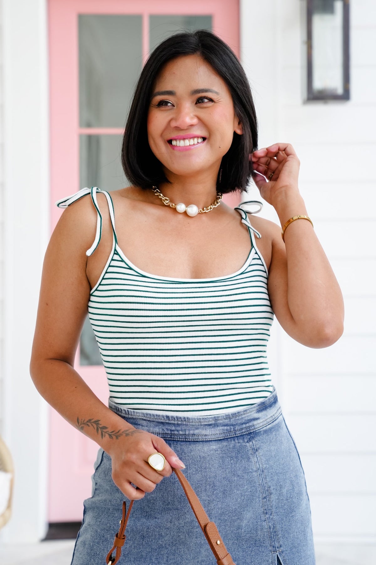 Stripe Sleeveless Shoulder Tie Bodysuit - Freckled Poppy
